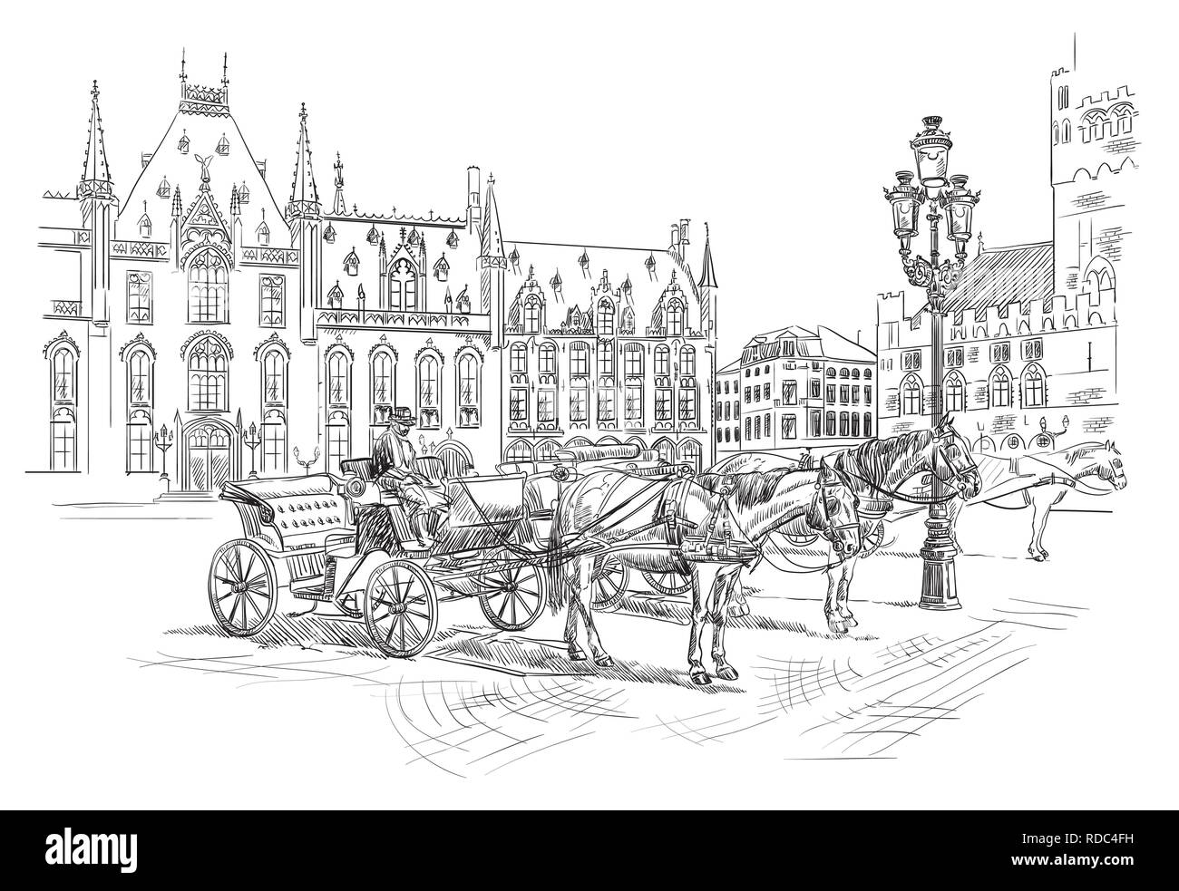 Vista sul Grote Markt Square nella città medievale di Bruges, Belgio. Punto di riferimento del Belgio. Cavalli, carri e lanterne sulla piazza del mercato di Bruges. Il vettore ha Illustrazione Vettoriale