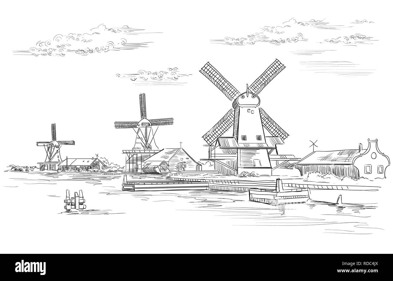 Vettore di disegno a mano illustrazione del mulino di Amsterdam (Paesi Bassi, Olanda). Punto di riferimento dell'Olanda. Vettore di disegno a mano illustrazione in nero colo Illustrazione Vettoriale