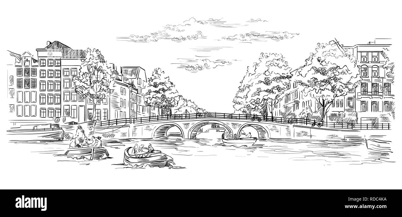 Ponte su canali di Amsterdam, Paesi Bassi. Punto di riferimento dei Paesi Bassi. Vettore di disegno a mano illustrazione in colore nero isolato su bianco backgroun Illustrazione Vettoriale