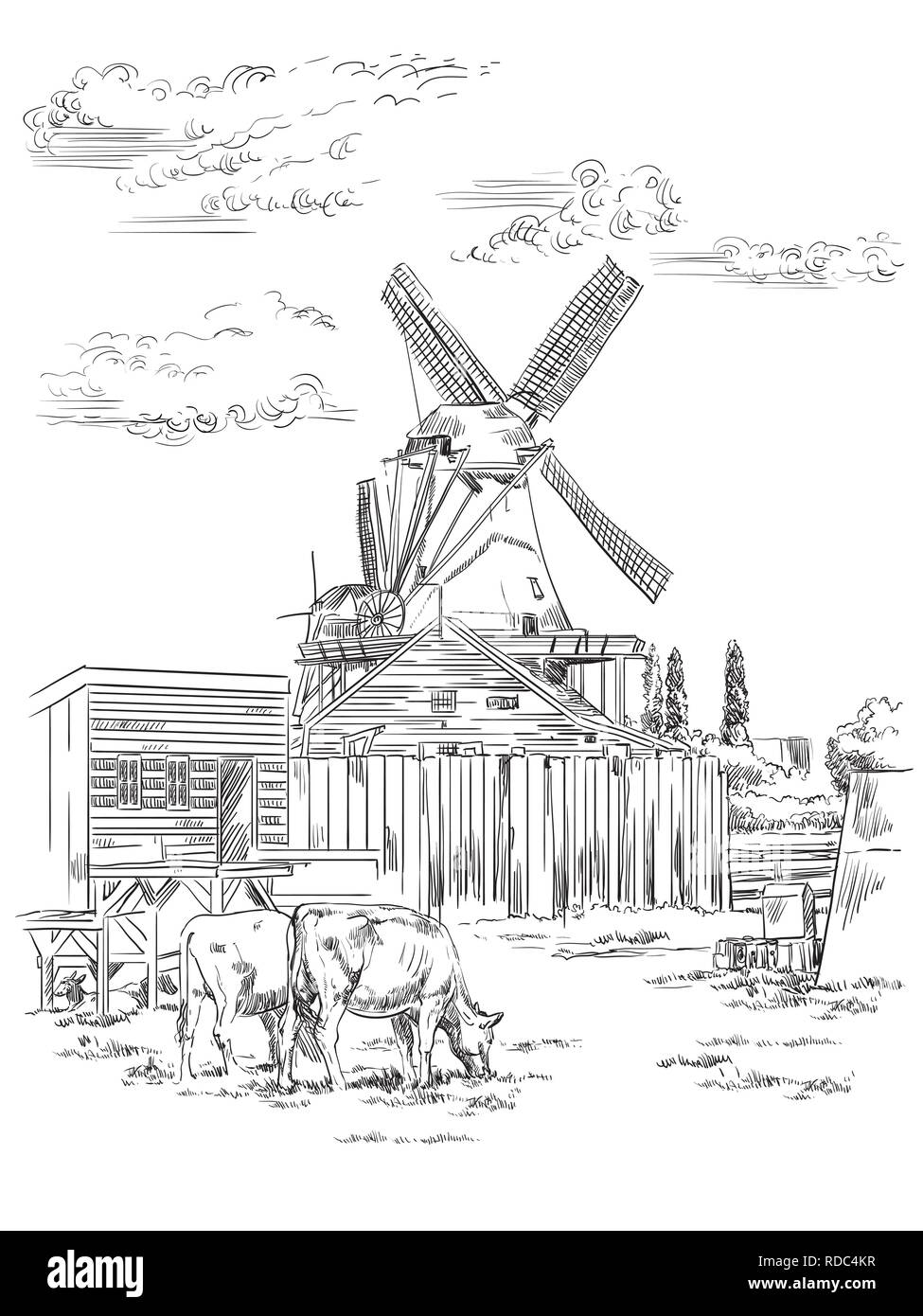 Vettore di disegno a mano illustrazione del mulino di Amsterdam (Paesi Bassi, Olanda). Punto di riferimento dell'Olanda. Mulino ad acqua e le mucche al pascolo sul prato. Vect Illustrazione Vettoriale