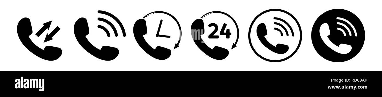 Icona del telefono impostato. Telefono Nero simboli nella bolla in stile appartamento. Telefono che squilla segni isolati su sfondo bianco. Vettore semplice telefono icone astratto Illustrazione Vettoriale