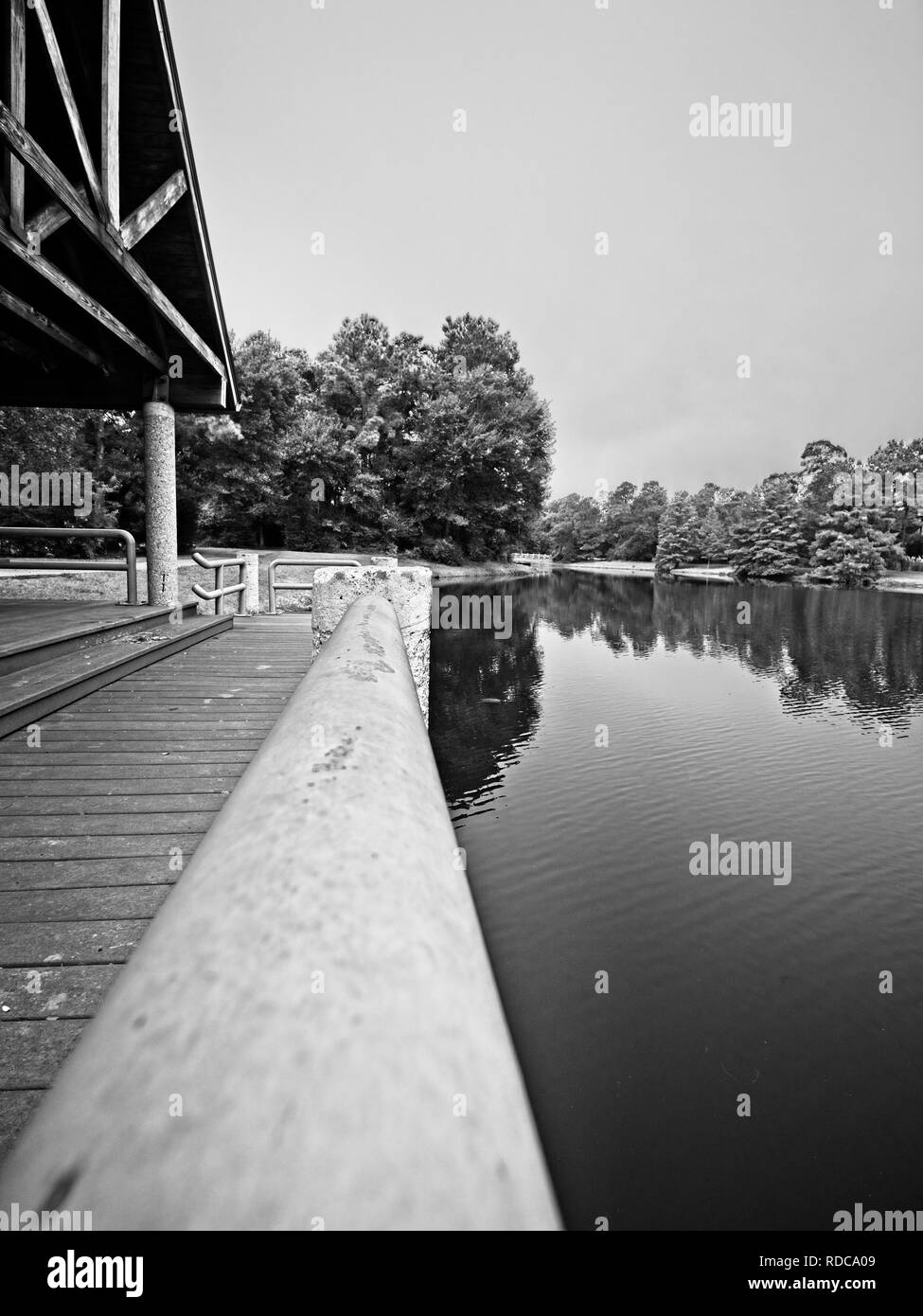 Il Woodlands TX USA - 10-02-2018 - Blu Guard Rail dal lago in B&W Foto Stock