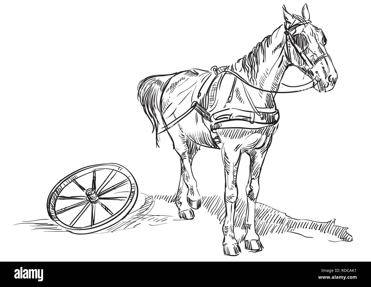 Vettore di disegno a mano illustrazione cavallo in piedi di profilo nel cablaggio con ruota dal carrello. Vettore monocromatica del disegno a mano illustrazione schizzo in Illustrazione Vettoriale