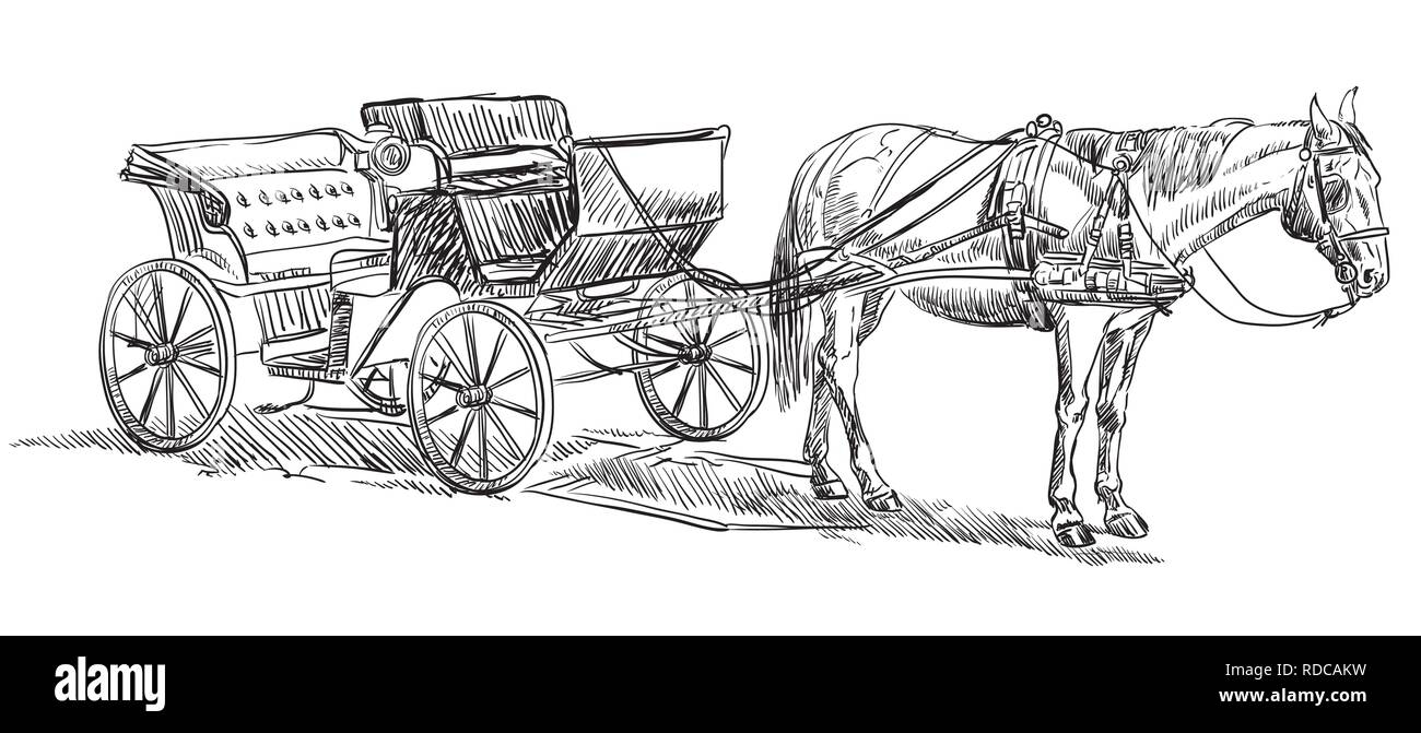 Vettore di disegno a mano illustrazione carrozza trainata da cavalli in piedi nel profilo. Vettore monocromatica del disegno a mano illustrazione schizzo in colore nero isolato Illustrazione Vettoriale