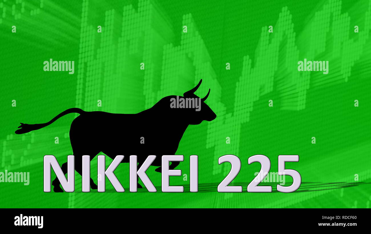 La borsa giapponese indice Nikkei 225 sta andando verso l'alto. Dietro la parola Nikkei 225 è un toro nero silhouette con le corna che puntano a una crescente verde... Foto Stock