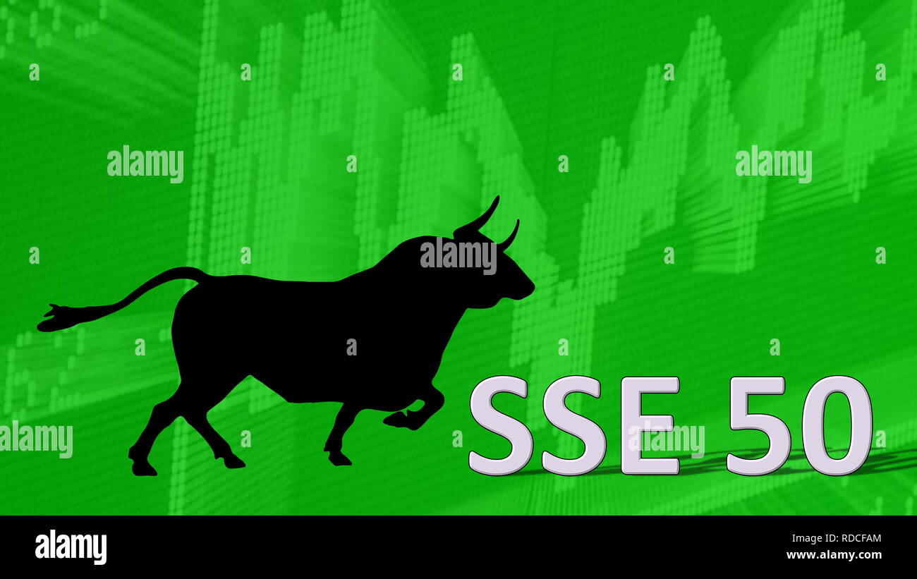 La Cina indice del mercato azionario SSE 50 di Shanghai Stock Exchange sta andando verso l'alto. Dietro la parola SSE 50 è un toro nero silhouette con le corna che puntano a... Foto Stock