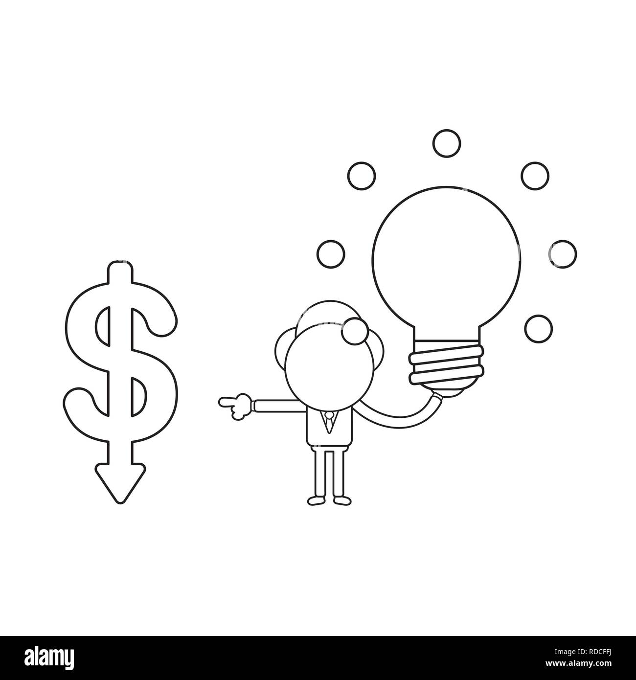 Illustrazione Vettoriale imprenditore azienda carattere incandescente lampadina luce di puntamento e il dollaro si sta spostando verso il basso. Contorno nero. Illustrazione Vettoriale