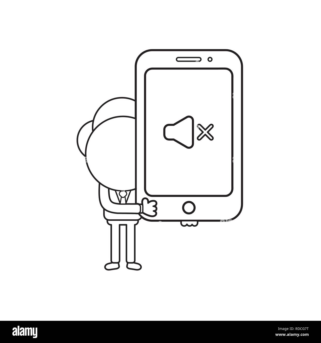 Illustrazione Vettoriale imprenditore azienda carattere smartphone con suono off icona. Contorno nero. Illustrazione Vettoriale