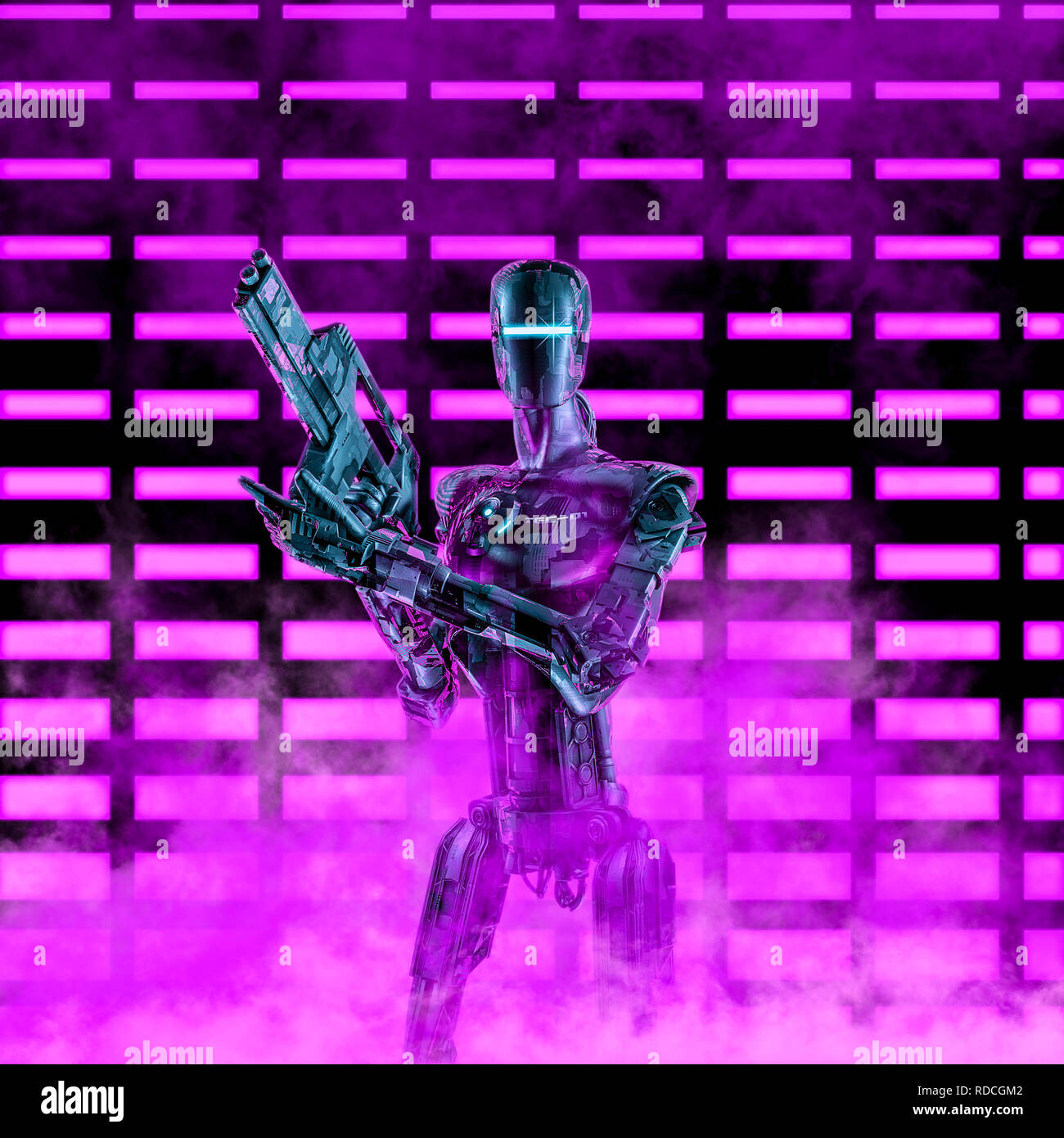 Il neon trooper robot / 3D illustrazione di fantascienza scena con android militari azienda fucile laser di fronte incandescente luci al neon Foto Stock