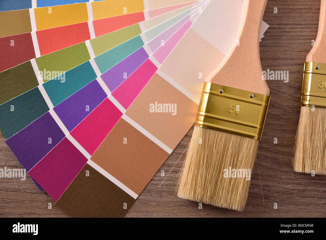 Tabella dei colori nella ventola con due spazzole su un tavolo di legno. Composizione orizzontale. Vista dall'alto. Foto Stock