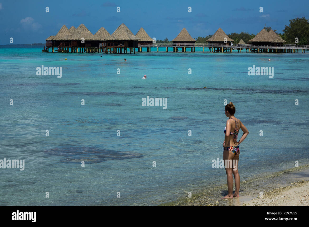 Polinesia francese, Rangiroa Atoll, ragazza sulla spiaggia Foto Stock