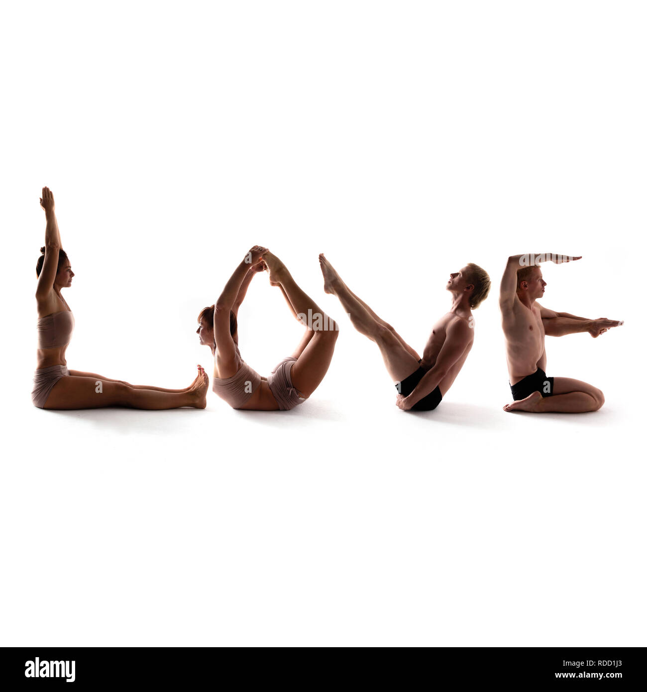 Alfabeto di yoga, formando atleti amore parola su sfondo bianco Foto Stock