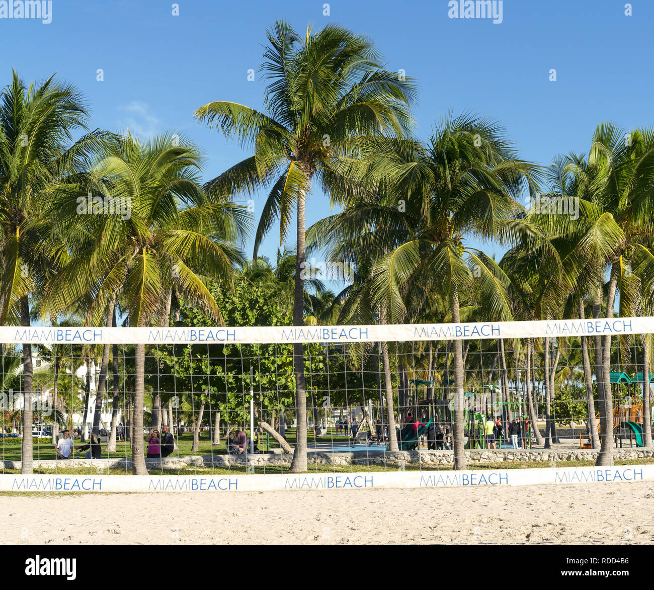 23 Dicembre 2018 - South Beach di Miami, Florida, Stati Uniti d'America. La gente nel parco godendo di ombra da grandi alberi di palma Foto Stock