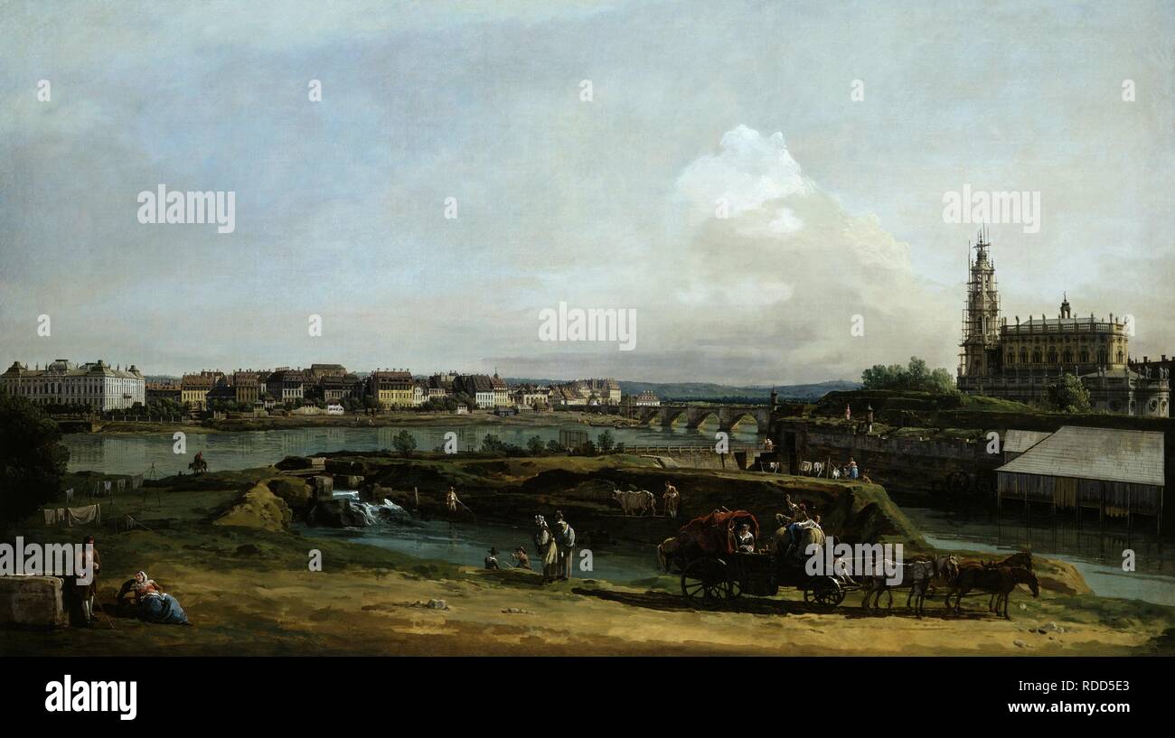 Dresda visto dalla riva sinistra del fiume Elba, sotto le fortificazioni. Museo: stato di Dresda collezioni d'arte. Autore: BELLOTTO, Bernardo. Foto Stock