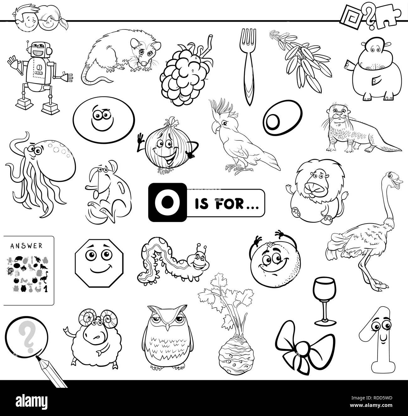 Bianco e Nero Cartoon illustrazione di trovare foto che iniziano con la lettera o il gioco didattico eserciziario per bambini Libro da colorare Illustrazione Vettoriale