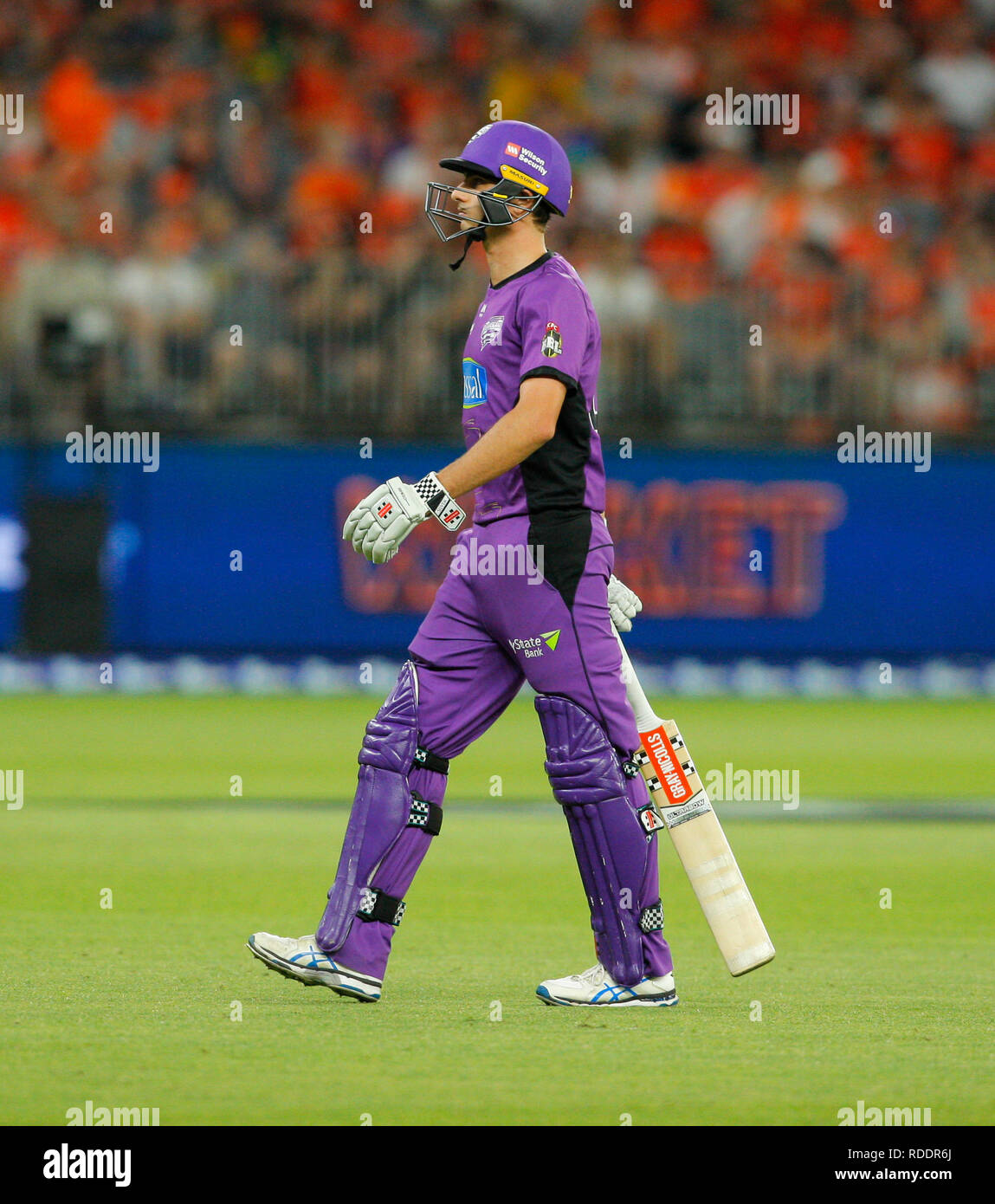 Xviii Gennaio 2019, Optus Stadium, Perth, Australia; Australian Big Bash Cricket, Perth Scorchers rispetto a Hobart uragani; Simon Milenko di Hobart uragani passeggiate fuori dopo essere stato respinto per 2 Foto Stock