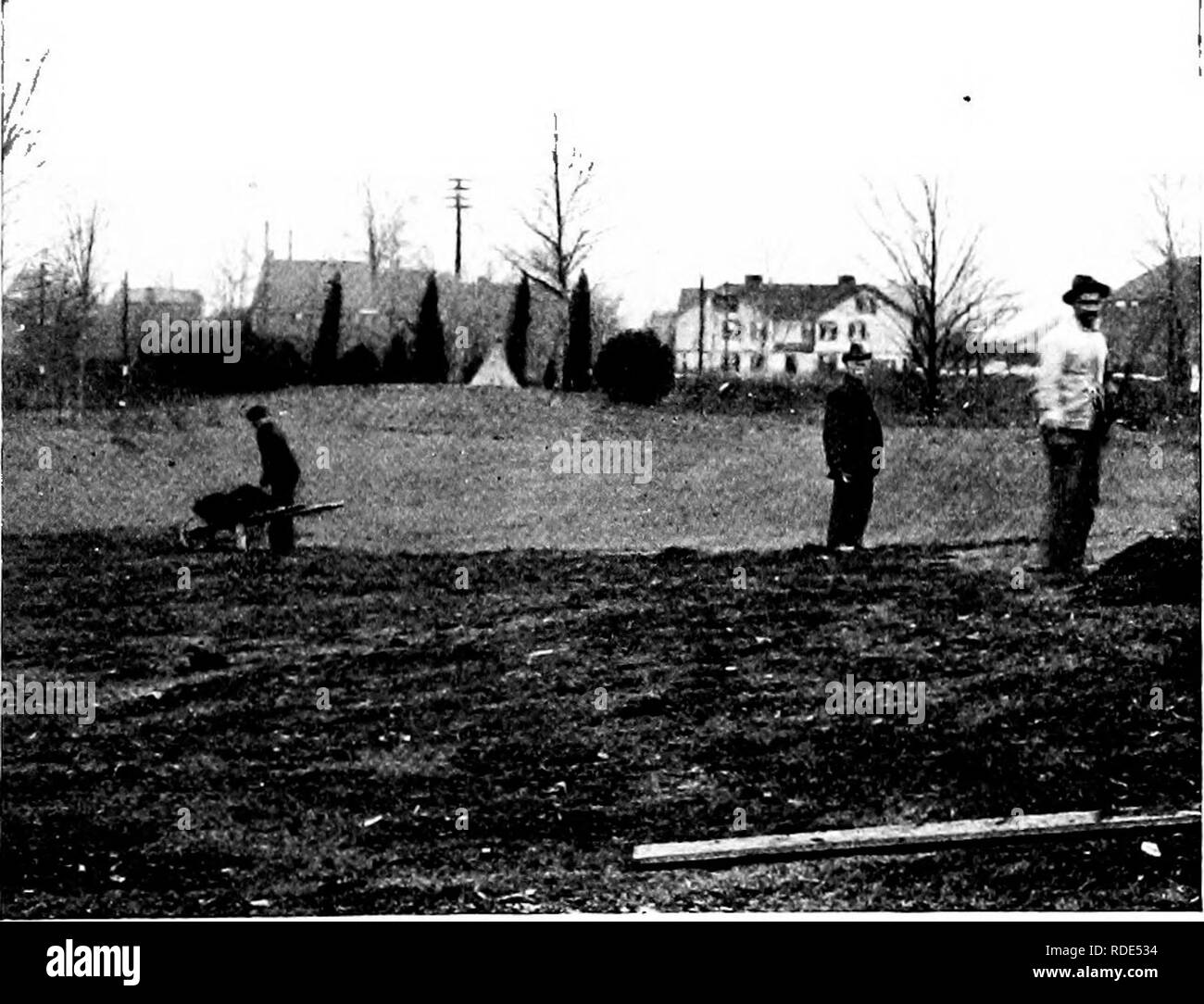 . Prati e come farli : insieme con la corretta tenuta del putting green . Prati. In inverno, dopo la massa è congelato e quando essa sosterrà trafEc, il concime può essere trasportata su di un prato e si diffonde sulla neve. Un top dressing di fine e breve il letame possono essere sparsi per l'erba in primavera earhest, prima di tl^e alberi a foglia. Scheda rendono le vie per la carriola DUE METODI DI ALIMENTAZIONE. Si prega di notare che queste immagini vengono estratte dalla pagina sottoposta a scansione di immagini che possono essere state migliorate digitalmente per la leggibilità - Colorazione e aspetto di queste illustrazioni potrebbero non perfettamente Foto Stock