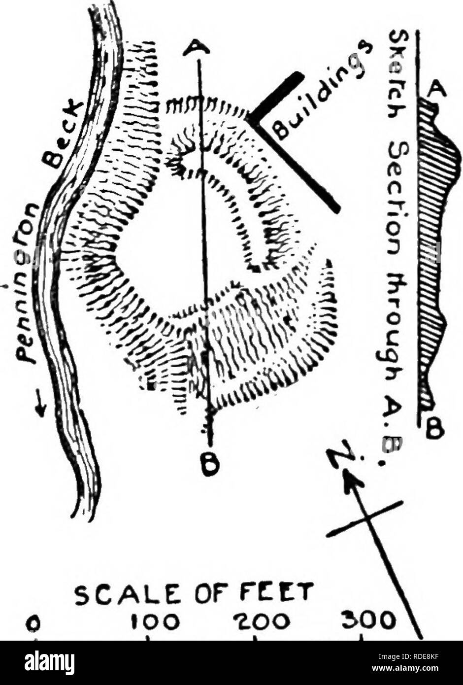 . La storia di Victoria della contea di Lancaster;. Storia naturale. Una storia di LANCASHIRE penisola, che è entrato in Banca Conishead, e seguita la linea ora chiamato Red Lane. È possibile che il sito è stato originariamente scelto come comando- ing questa strada. , A questo punto il flusso chiamato Pennington Beck corre a sud m un piuttosto profonda forra e sulla riva est la scogliera di progetti in una piuttosto netta al gomito o angolo. Questo gomito è stato isolato da un bastione semicircolare e tosse formando un quadrante-inclosure sagomato, il reparto di quali misure 156 ft. da 1-22 ft. Nello scavare il fossato della terra è stato Foto Stock