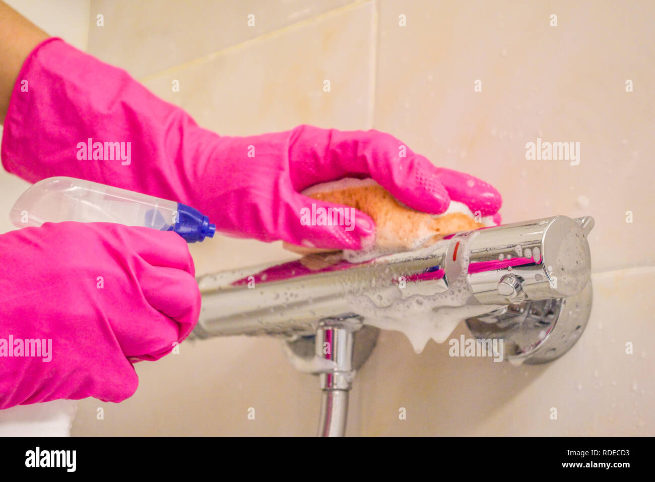 Mano di donna in rosa di guanti di gomma pulizia vasca doccia miscelatore con spray detergente in bagno Foto Stock