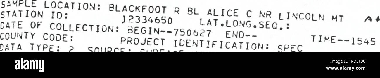 . Effetti del giugno, 1975 Mike Horse Mine diga del recupero guasto sulla qualità delle acque e delle risorse acquatiche della tomaia Blackfoot River, Montana. Idroecologia; acqua; qualità dell'acqua. ^''atÂ£a:^lx-JS)cSss^ GEOLOGICAL Sl.P^Fv^'' ^^'t-iOK LAB :^r.^i^vi,^^ri 26099. commenti: ' 'Â°'^-' ^^^^^CÂ£ ACQUA BPEAK NEL RECUPERO PO'JD DyKE unità geologica; versare in 8LACKF00T PIvER A/*^&LT;/IM. Il cadmio CADMIO TOTALE COP^lP oissolveo CC^^EP TOTALE f^O'j t'lSSriL^/rp Ii^O's" TOTALE L-r-io cissjLv'ed UG/L DI 1 UG/L < 10 UG/L 3 U3/L "50 UG^L ^0 iJG/L ison ug/L t* piombo manganese totale DlSSCLvrO &QUOT Foto Stock
