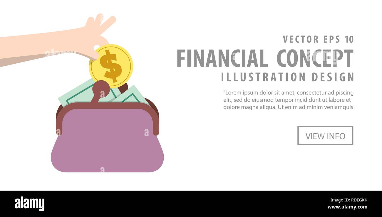 Illustrazione Vettore Banner di Risparmio di denaro e di spesa con portamonete. Concetto di finanza. Illustrazione Vettoriale
