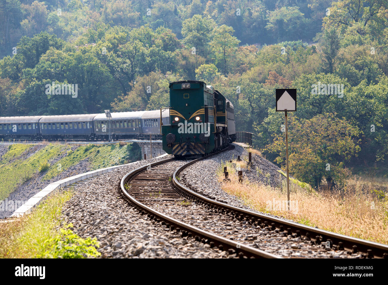 Diesel treno passeggeri vicino alla stazione di Branik, full frame Foto Stock