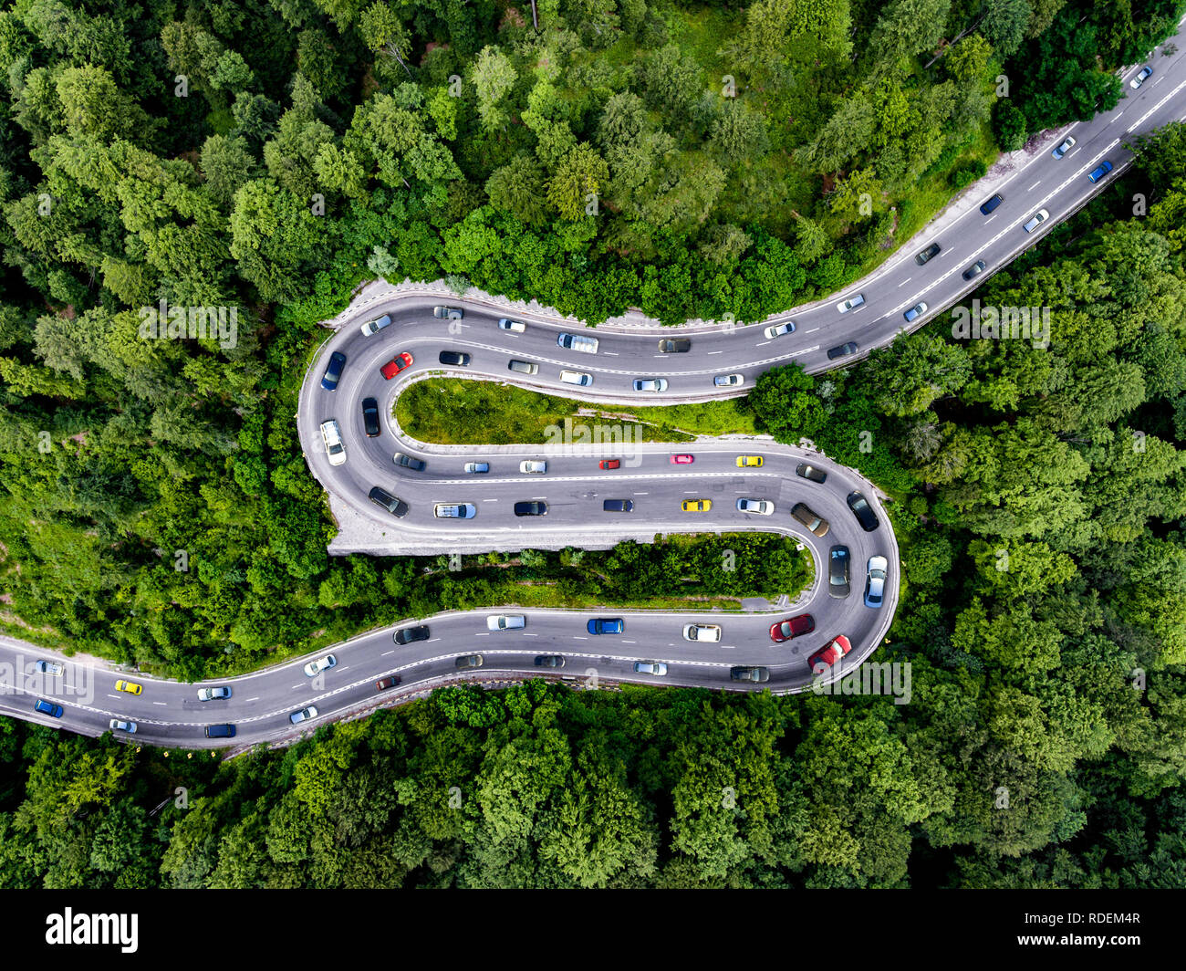 Tortuosa strada piena di traffico. Ora di punta del traffico in una foresta verde. Concetto di ecologia. Composito (foto) Foto Stock