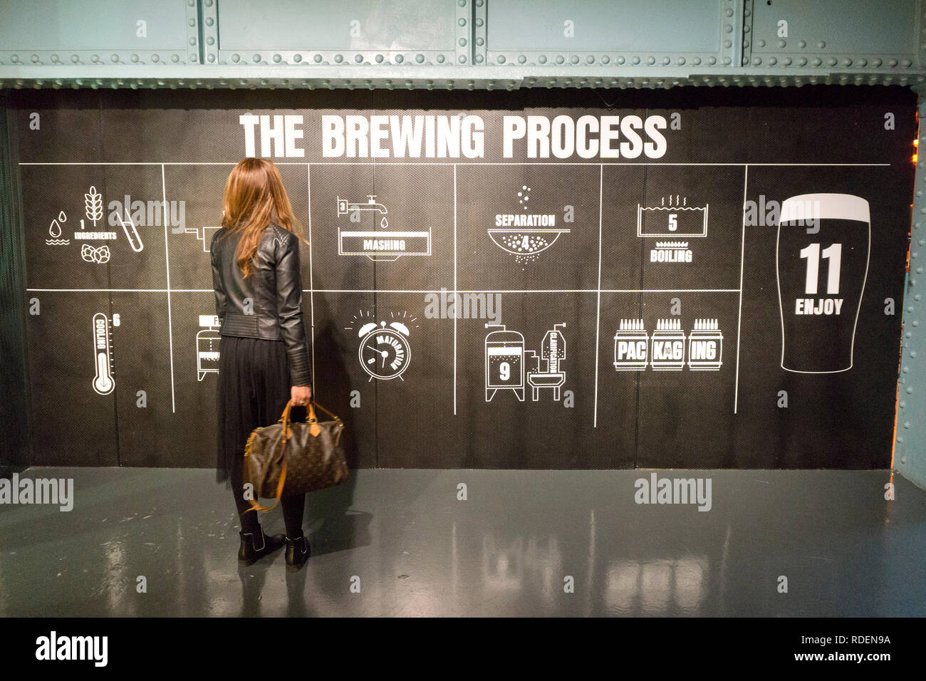 I visitatori guardano visualizza presso il Magazzino Guinness Brewery a Dublino, Irlanda, 15 gen 2019. Foto Stock