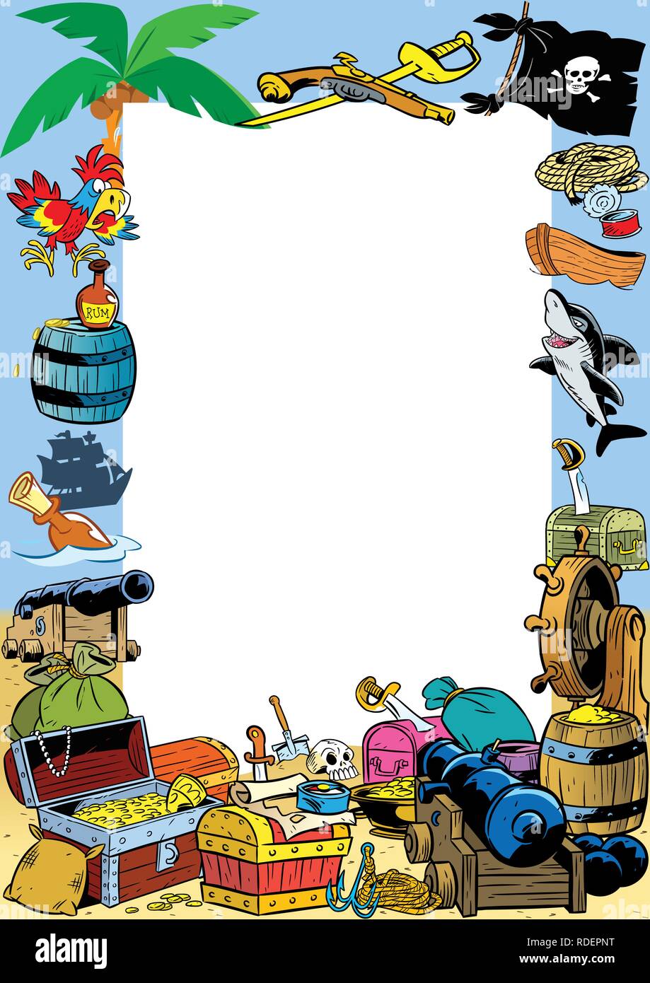 La illustrazione presentata il telaio per il testo contro lo sfondo di una varietà di attributi dei pirati. Illustrazione fatta in stile cartoon sui laici separato Illustrazione Vettoriale