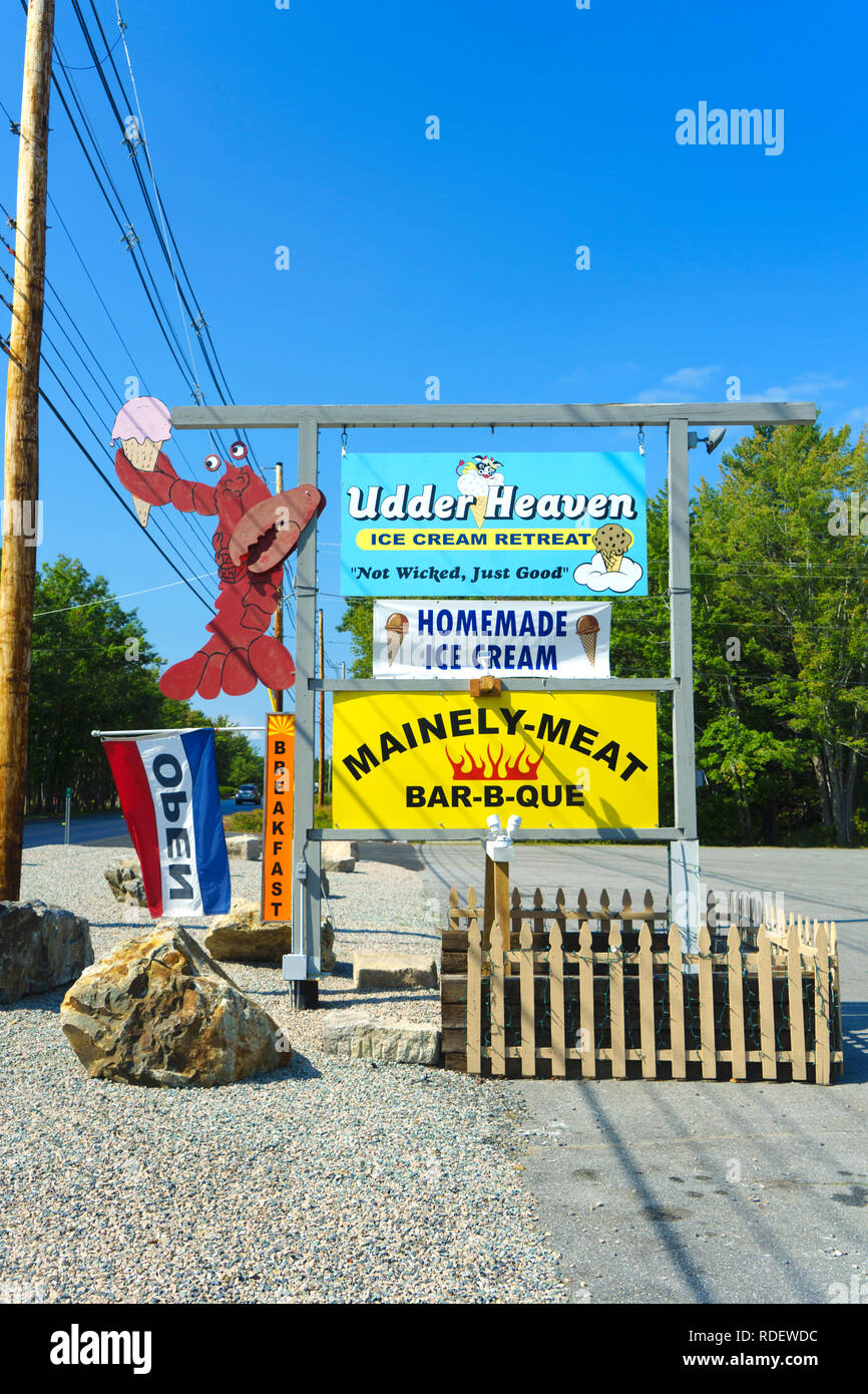 Indicazioni Per strada ristoranti a Bar Harbor, Maine, Stati Uniti d'America. Foto Stock