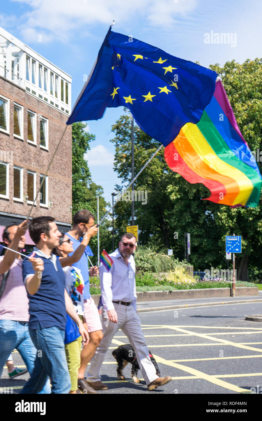 L'uomo sventolando la UE e bandiera arcobaleno durante un evento di Southampton, England, Regno Unito Foto Stock