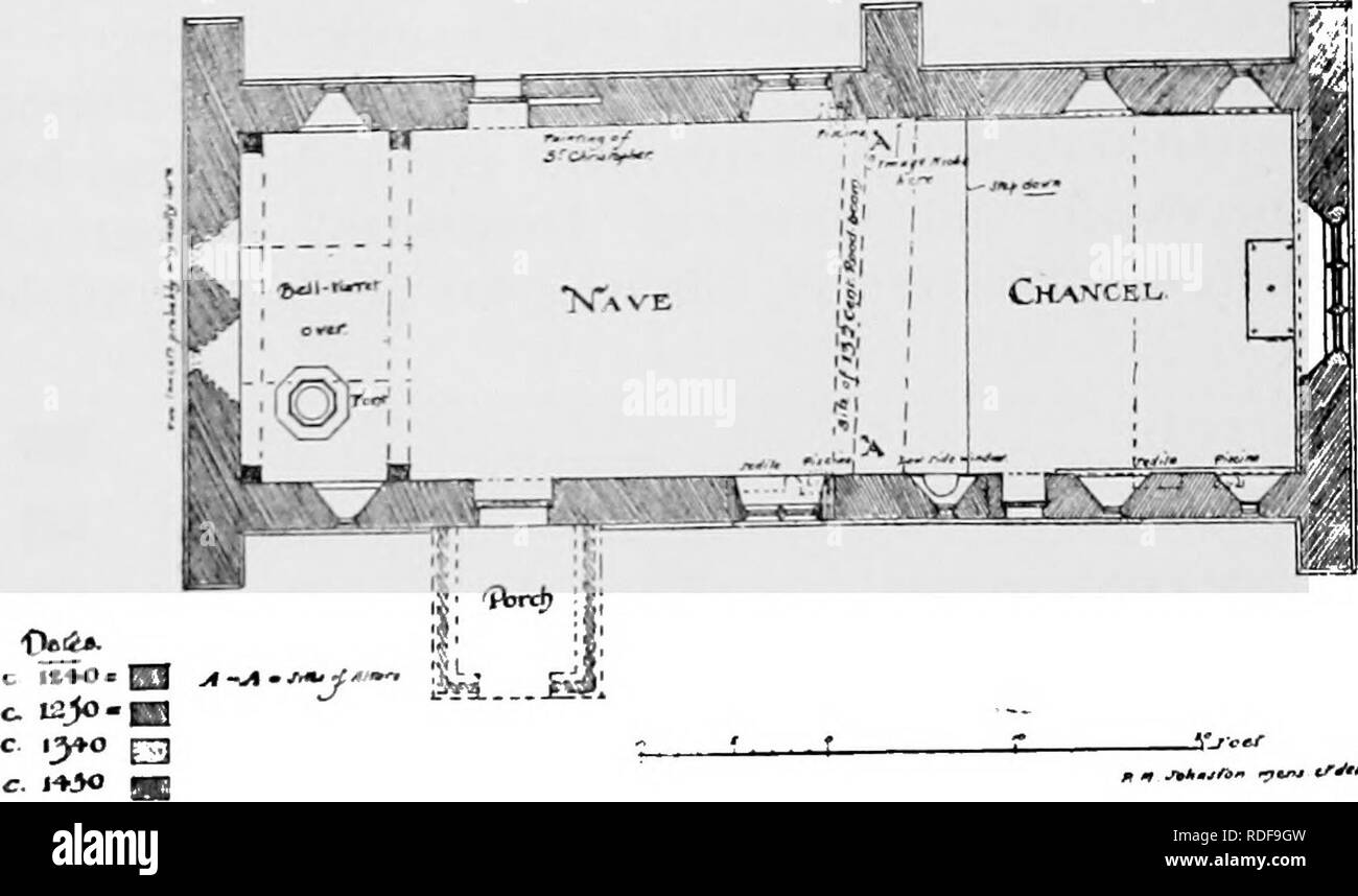 . La storia di Victoria della contea del Surrey. Storia naturale. Una storia di Surrey non era chancel arch, e il tetto era o continuo sopra la navata e il presbiterio, o la divisione è stata segnata da un quadro di legno e gesso a volte formando una sorta di schermo o partizione. Queste semplici piani sono tuttavia molto più eccezionale che in altre contee "W^RUNffaHXM Ch'URCK. - °'- - ""f"-' en)&LT;.r^n'e^r. La semplicità del piano non è di per sé una prova della data di inizio. Il tipo cruciforme era nella ex- istence fianco a fianco con la pianura parallelo- g r am. Ma non vi è stato un altro piano in Foto Stock