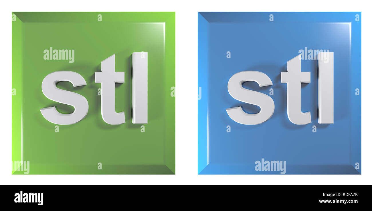 Pulsanti per il file STL, il verde e il blu, square - 3D rendering immagine Foto Stock