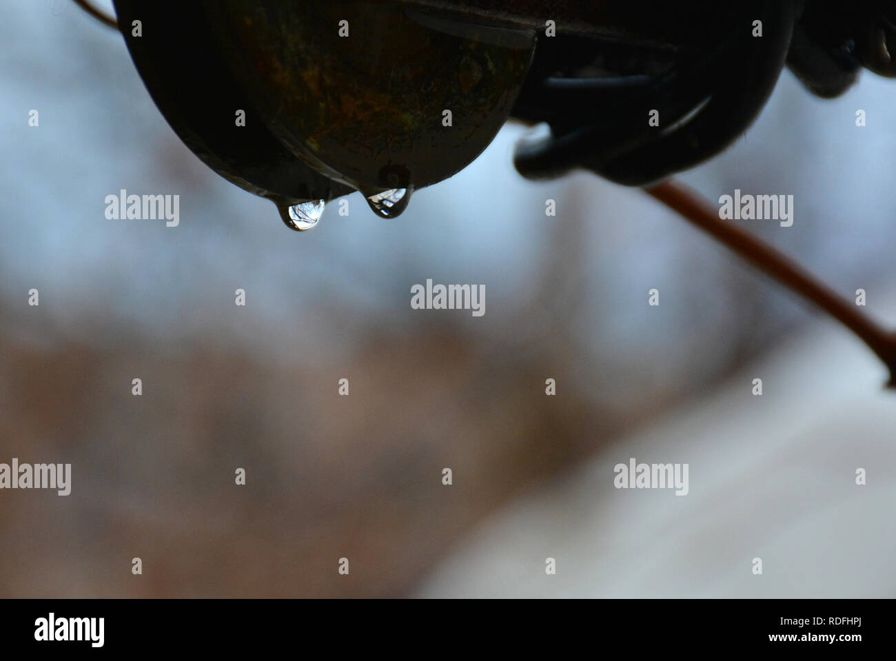 Fresche gocce di pioggia. Gocce sulla stendibiancheria. Gocce d'acqua appesi ad una fune. Foto Stock