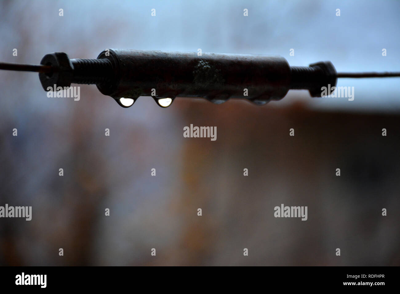 Fresche gocce di pioggia. Gocce sulla stendibiancheria. Gocce d'acqua appesi ad una fune. Foto Stock