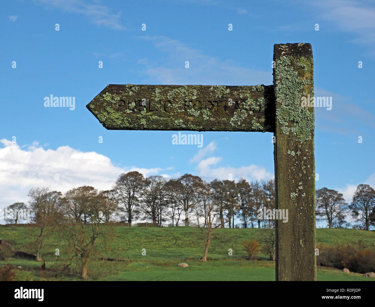 Appena leggibile lichen incrostato fingerpost tradizionale segno per un sentiero pubblico in Cumbria, Inghilterra, Regno Unito ,un segno chiaro di aria incontaminata Foto Stock