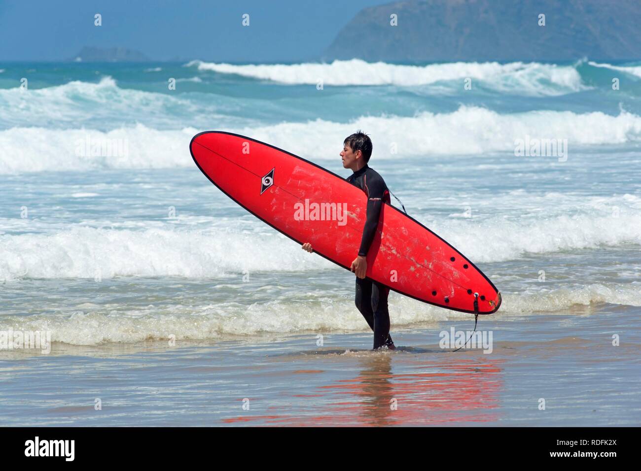 Scuola di surf a Praia de Vale de Figueira, costa atlantica, Portogallo, Europa Foto Stock