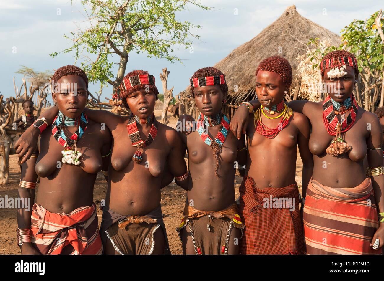 Un gruppo di giovani donne Hamar, Omo river valley, l'Etiopia meridionale, Africa Foto Stock