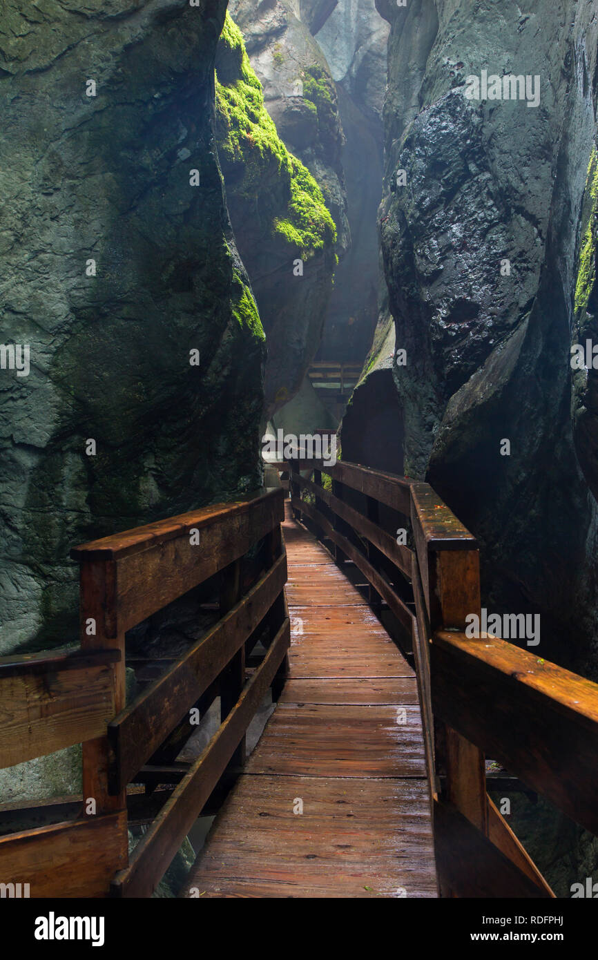 Passerella in legno nel Seisenbergklamm / Seisenbachklamm, gorge vicino Weißbach bei Lofer, Saalachtal, Salisburgo / Salzburger Land, Austria Foto Stock