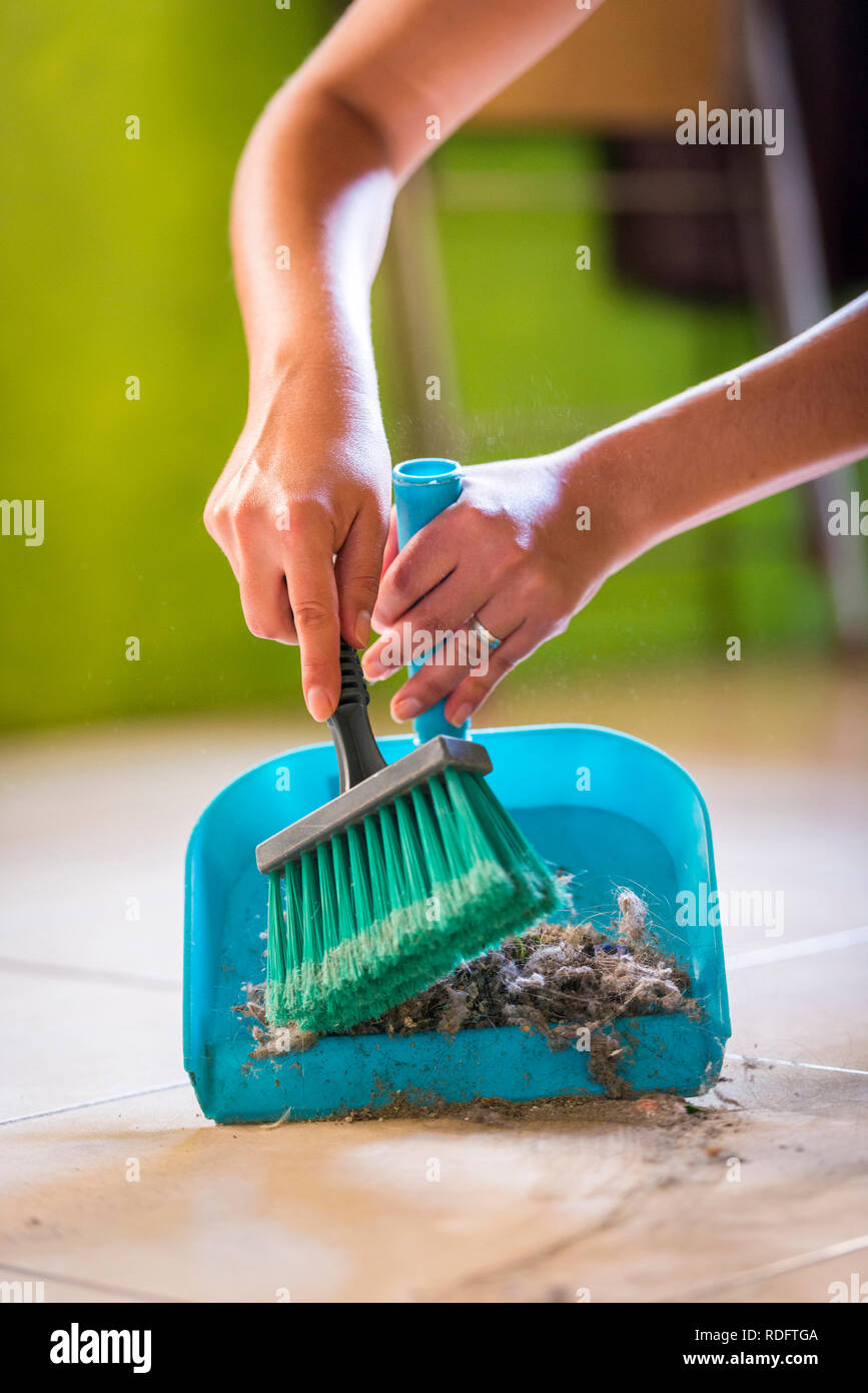 Una donna spazza la polvere e lo sporco dal pavimento durante la pulizia della casa Foto Stock