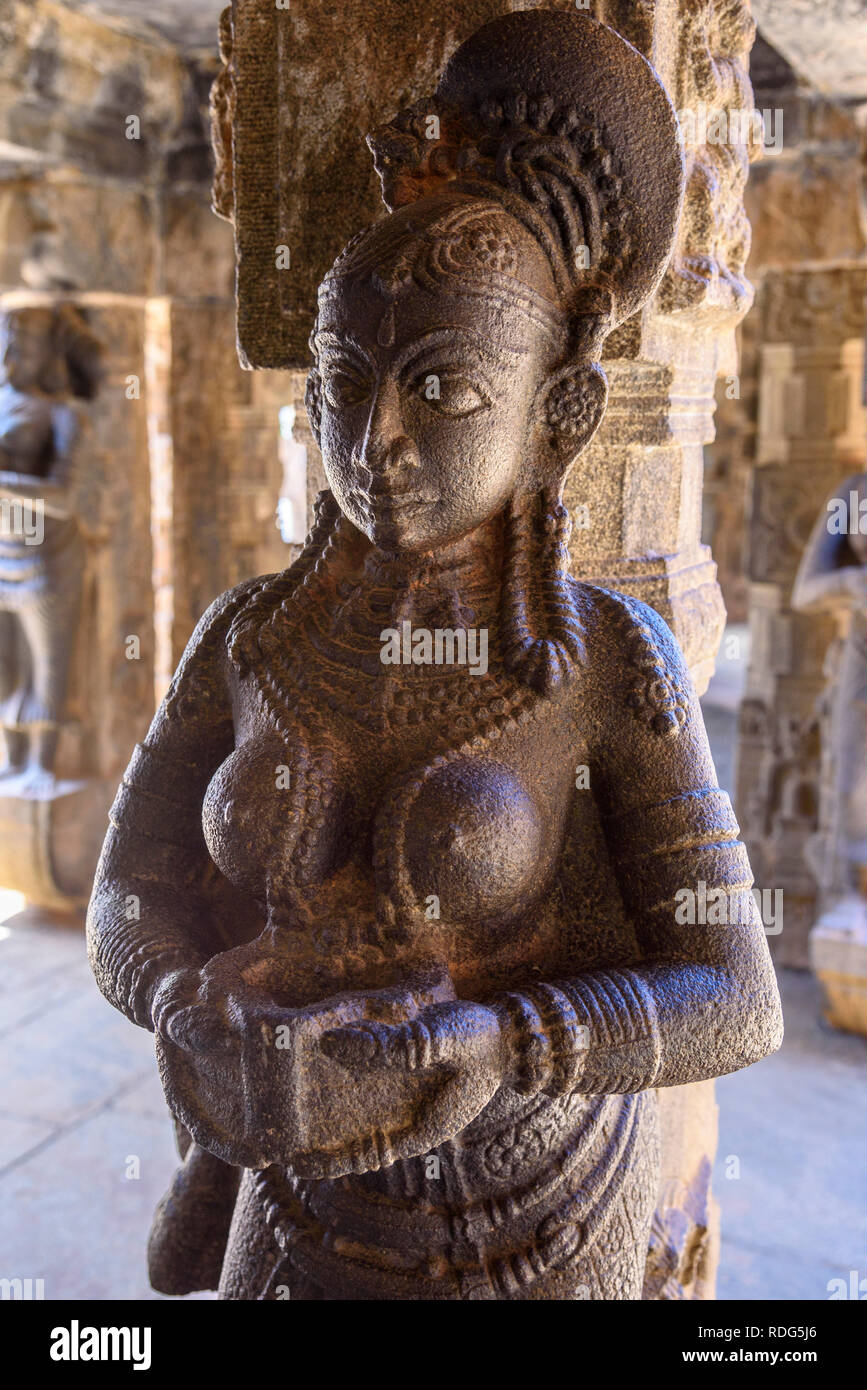 Scolpito statua in granito, Padmanabhapuram Palace, Tamil Nadu, India Foto Stock