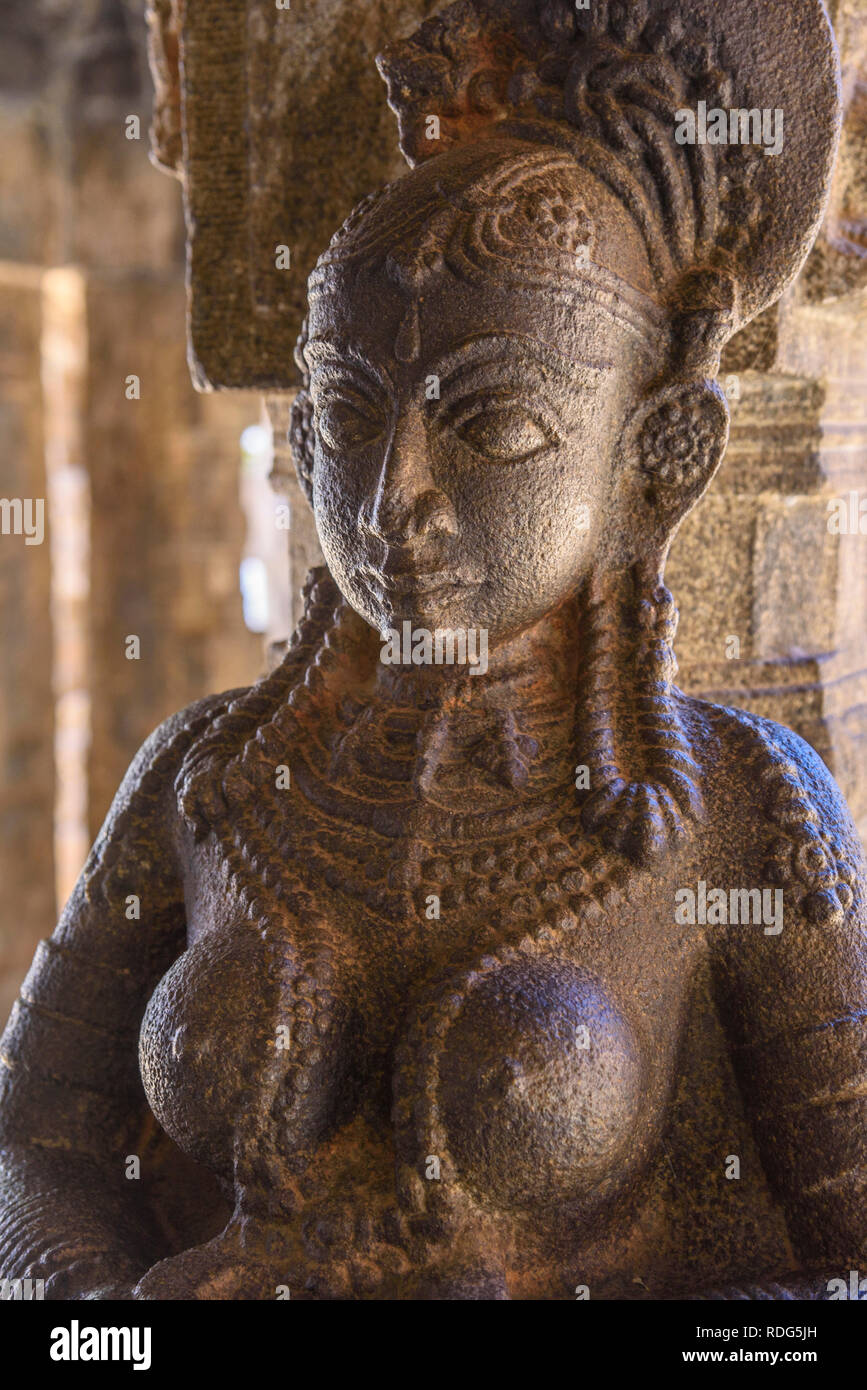 Scolpito statua in granito, Padmanabhapuram Palace, Tamil Nadu, India Foto Stock