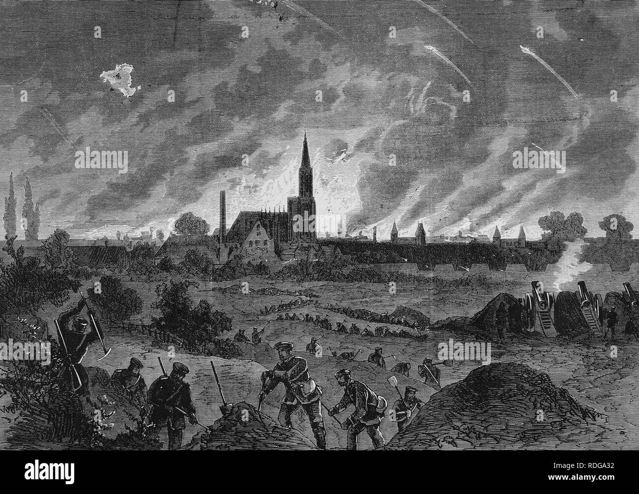 Un incendio durante il bombardamento di Strasburgo nella notte del 25 agosto 1870, Illustrierte Kriegschronik 1870 - 1871, illustrato Foto Stock