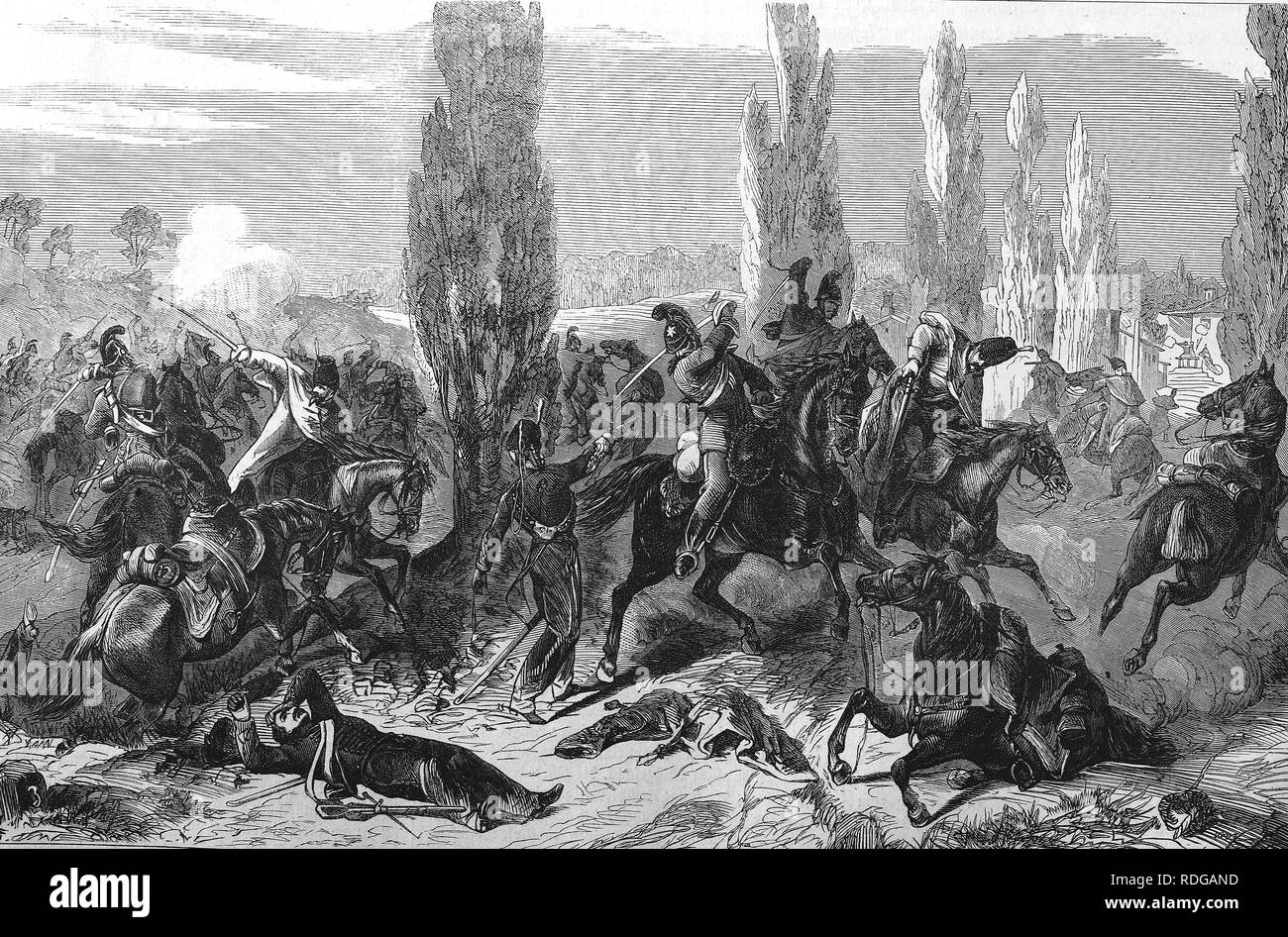 Il 3 Saxon reggimento di cavalleria nella battaglia di Buzaney, 27 agosto 1870 illustrazione storico, Illustrierte Kriegschronik Foto Stock