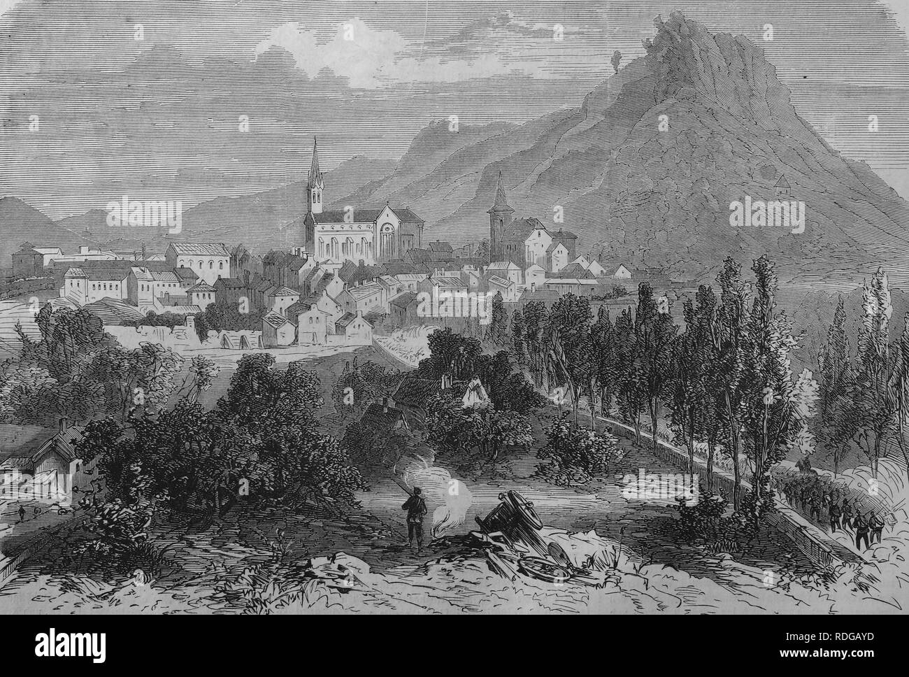Vista di Forbach, ottobre 1870, storico illustrazione, illustrata cronaca di guerra 1870 al 1871, la campagna tedesca contro la Francia Foto Stock