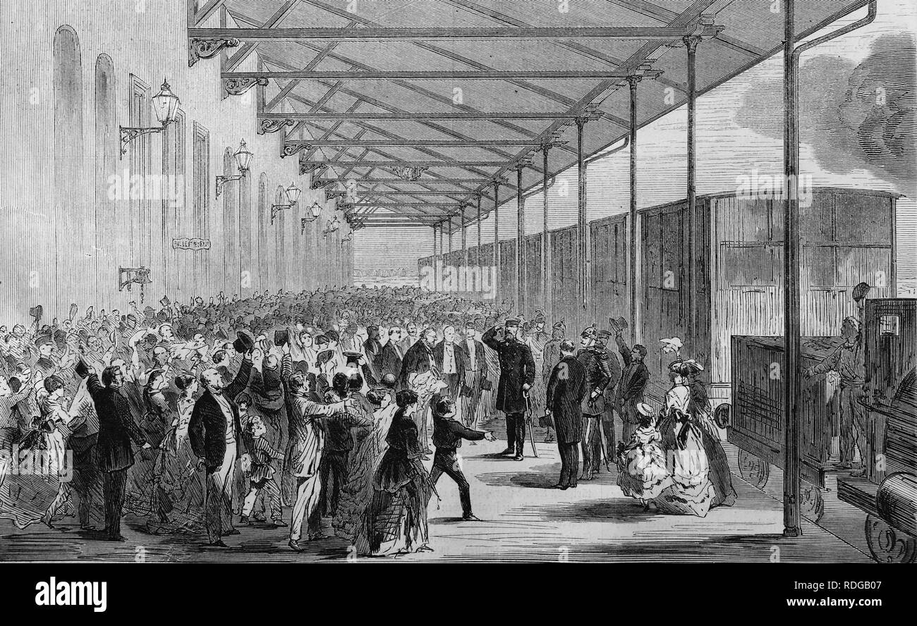 La reception della corona di Prussia principe al Berlin Anhalter Bahnhof stazione ferroviaria a Lipsia il 26 luglio 1870, storico Foto Stock