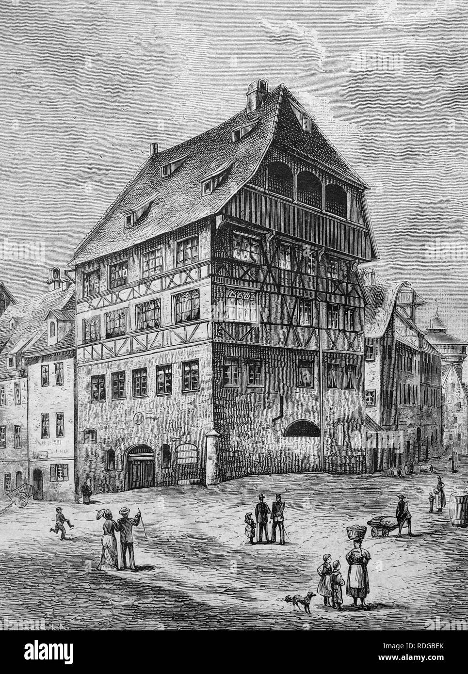 Albrecht-Duerer-Haus casa in Nuremberg, Germania, storico illustrazione, 1877 Foto Stock