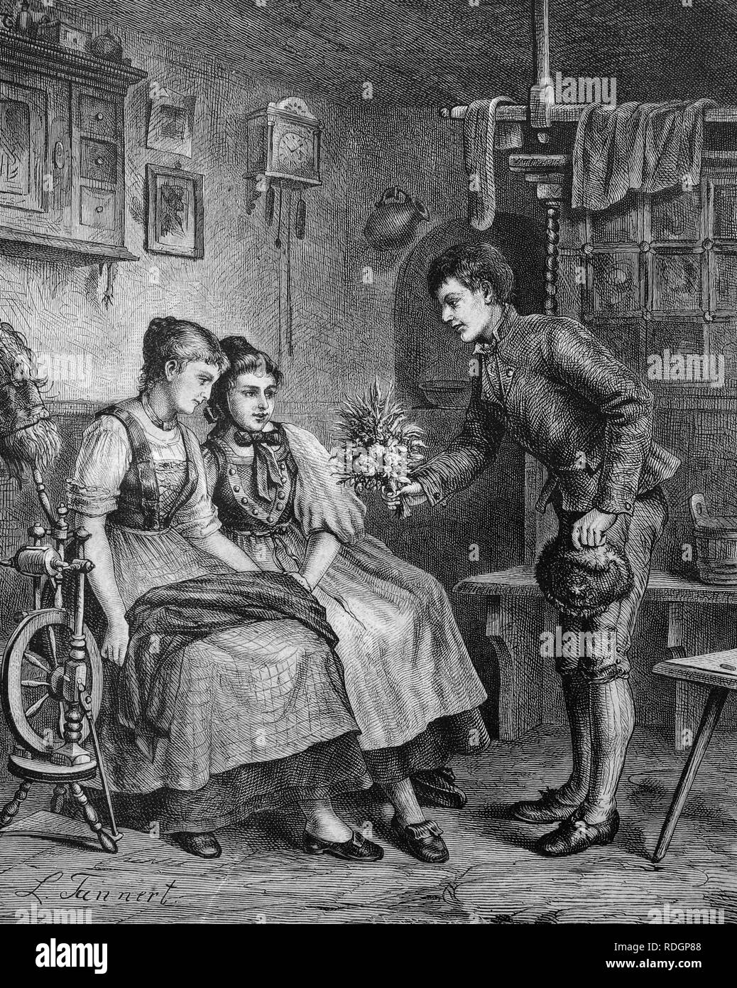 Proposta di matrimonio, storico illustrazione, 1877 Foto Stock
