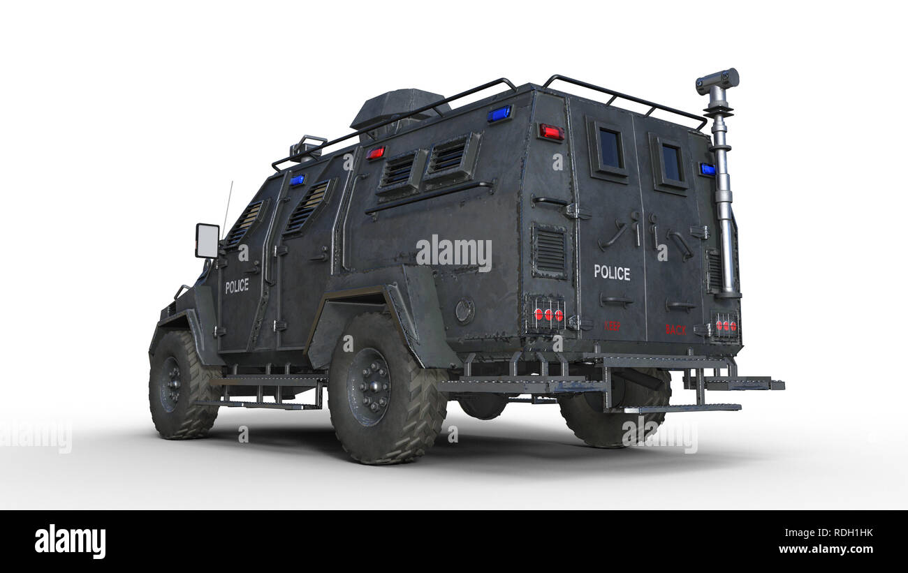 Corazzato carrello SUV, bulletproof veicolo polizia, applicazione della legge auto isolati su sfondo bianco, vista posteriore, rendering 3D Foto Stock