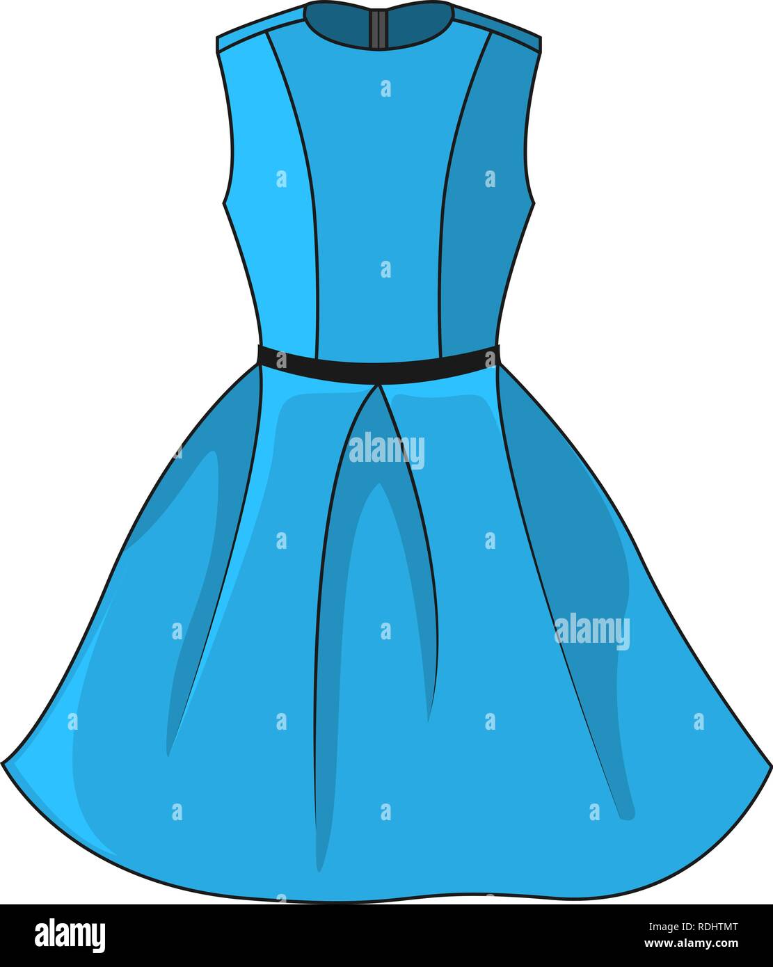 Elegante vestito blu icona. Bellissimo corto abito blu con nero/grigio scuro cintura, isolati su sfondo bianco. Abito festivo senza maniche. Mal di vettore Illustrazione Vettoriale